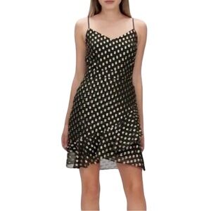 NWT Banana Republic Black Strappy Flirty Gold Metallic Print Dress Ruffle Detail